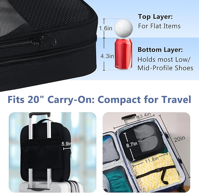 Aosbos 2 Layers Shoe Bags for Travel with Trolley Sleeve Portable Shoe Storage Pouch Shoe Packing Cubes with Structure, Honeycomb Black