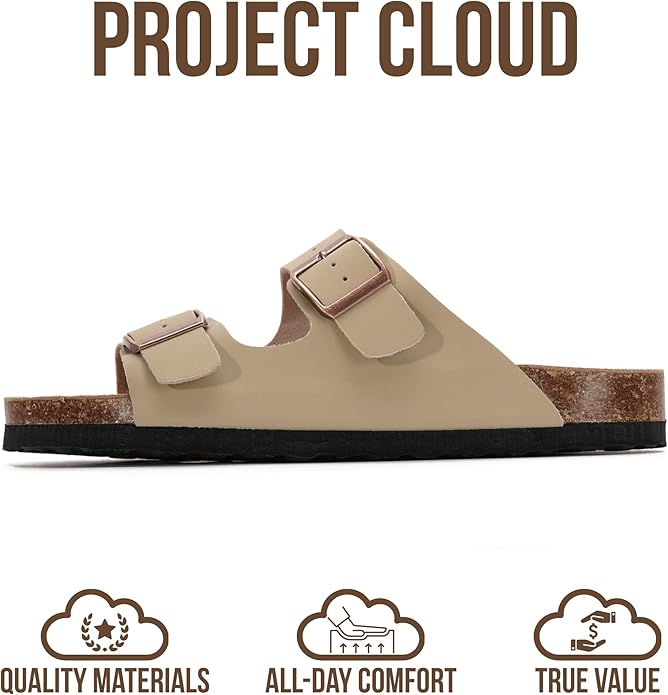 Project Cloud 100% Genuine Leather Flat Sandals For Women 2026 Cork Footbed Womens Sandals with Memory Foam and arch support Vacation Essentials Slides for Women Footwear (Venita)