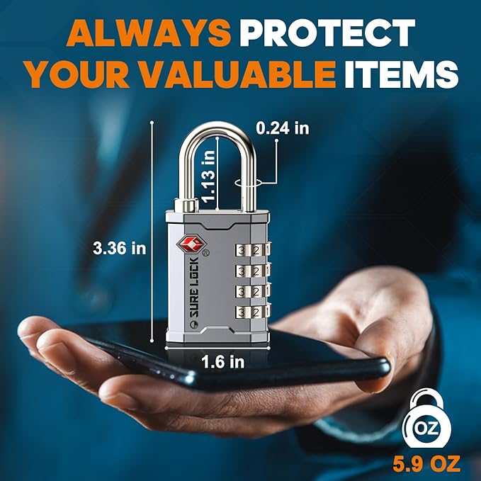 SURE LOCK TSA Accepted Combination Luggage Padlock for Gun Cases, Transporting Equipment Cases in Trade Show, Music and Medical Industries (2, Silver)