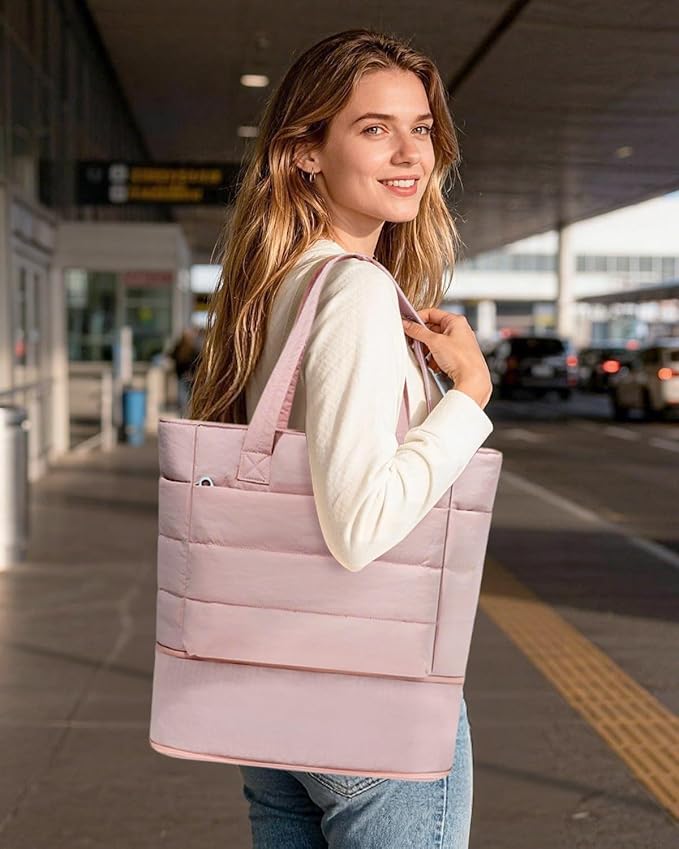 Expandable Puffer Tote Bag with Zipper for Women, Lightweight 15.6 Inch Laptop Work Tote Bag, Large Travel Tote Bags | Luggage strap, Lightweight, For 15.6 inch Laptop, Expandable, Multi-Compartments