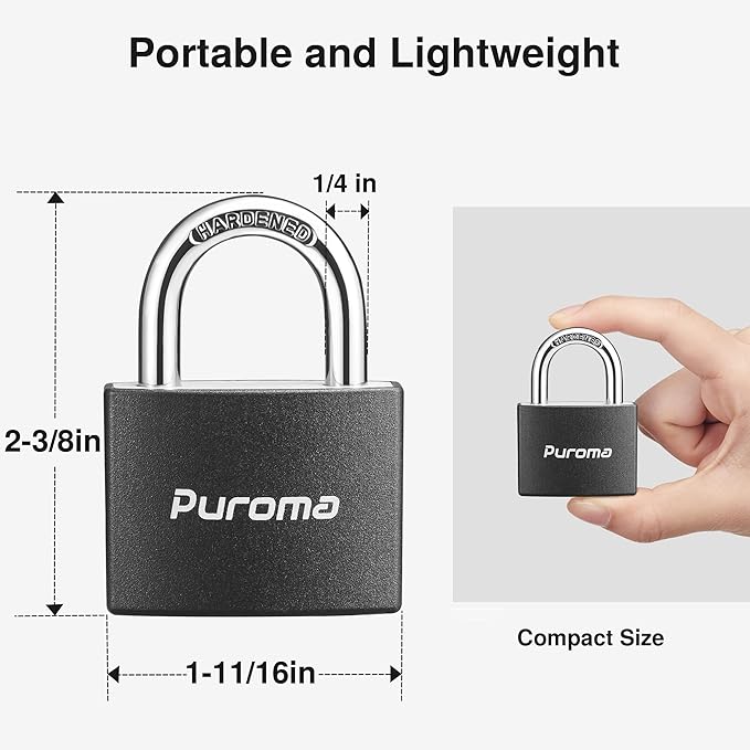 Puroma Lock Keyed Padlock, 2 Pack Aluminum Locks with 3 Keys Alike, 7/8 Inch Locker Lock 43mm Small Padlocks for Gate, Fence, Shed, Toolbox, School Gym Locker (Black)