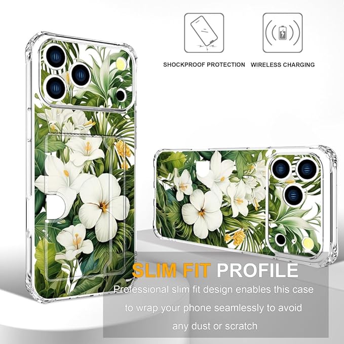 Compatible with iPhone 17 Pro Case Card Holder for Women Cute Design,Wallet Phone Cases Transparent Cool Kawaii Protective (Clear Green Flowers Tropical Jungle)