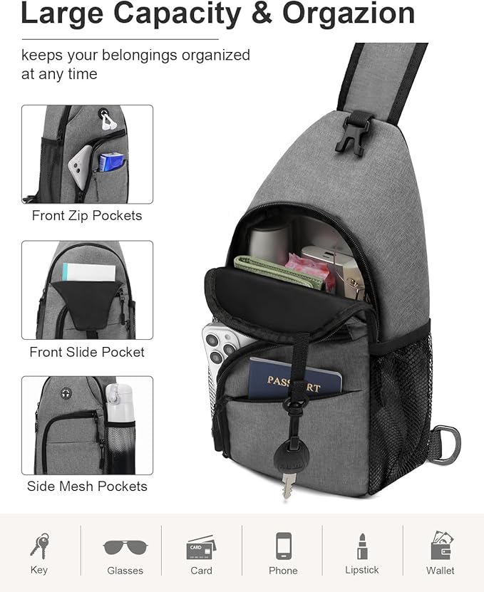 Pritent Crossbody Bags for Women Man, Waterproof Sling Bag Backpack Trendy Casual Cross Body Bags with Convertible Shoulder Strap Chest Bag for Camping Hiking Travel Essentials (light Grey, Large)