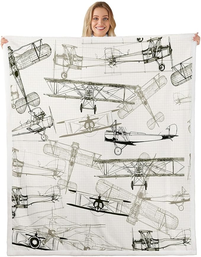 Aircraft Kids Throw Blanket, American Airplane Retro Bed Cover for Girls Boys Adults, Air Vehicles Fleece, Beige Black Vintage Fuzzy, 40 x 50 Inches
