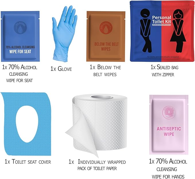 Public Restroom Kit: Pack of On-The-Go Bathroom Kits with Toilet Paper for Travel - Public Toilet Survival Kit Including Gloves, Wipes, Seat Covers in Zip Top Bag