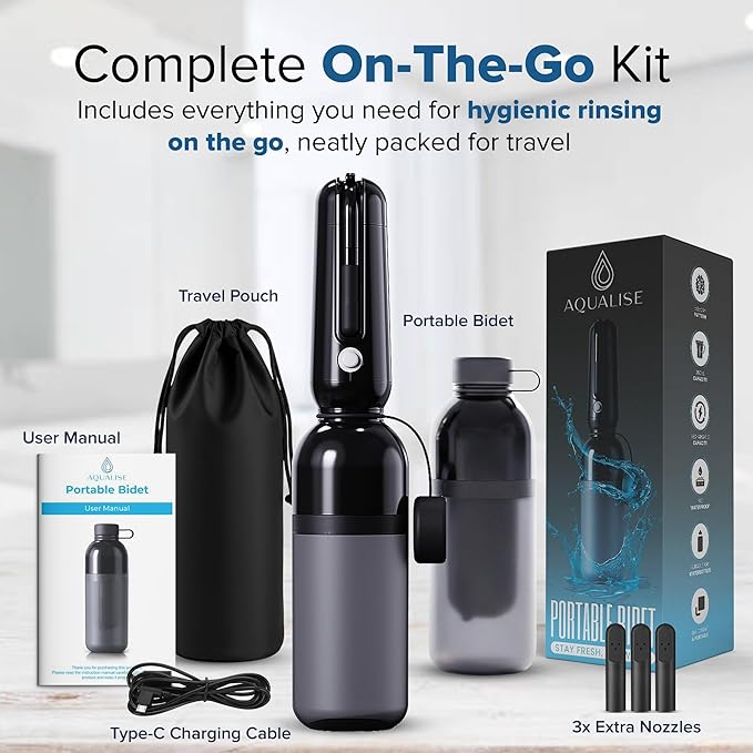 Aqualise Portable Bidet for Travel, USB-C Rechargeable Electric Handheld Sprayer, 3 Nozzles & Carry Pouch - High Pressure Waterproof Peri Bottle for Women, Men, Postpartum Care & Personal Hygiene
