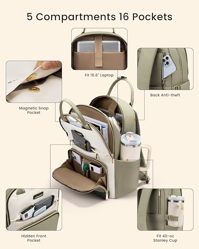 LOVEVOOK Laptop Backpack for Women with Giant Tumbler Holder Pocket, 15.6 inch Travel Work Backpack Purse for Teacher Nurse, Waterproof College Book Bag Cute Casual Daypack, Beige-Green