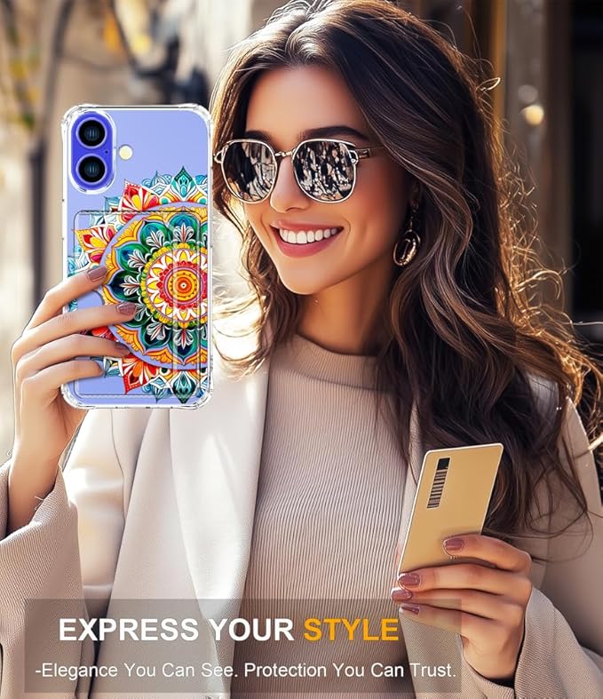 Compatible with iPhone 16 Case Card Holder for Women Cute Design,Wallet Phone Cases Transparent Cool Kawaii Protective (Clear Mandala Henna Flower)
