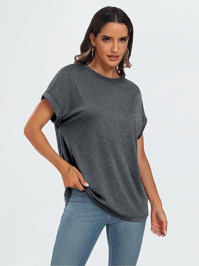 AUTOMET Women's Oversized Short Sleeve T Shirts Casual Drop Shoulder Rolled Cuff Summer Tops for Work, Travel and Lounge