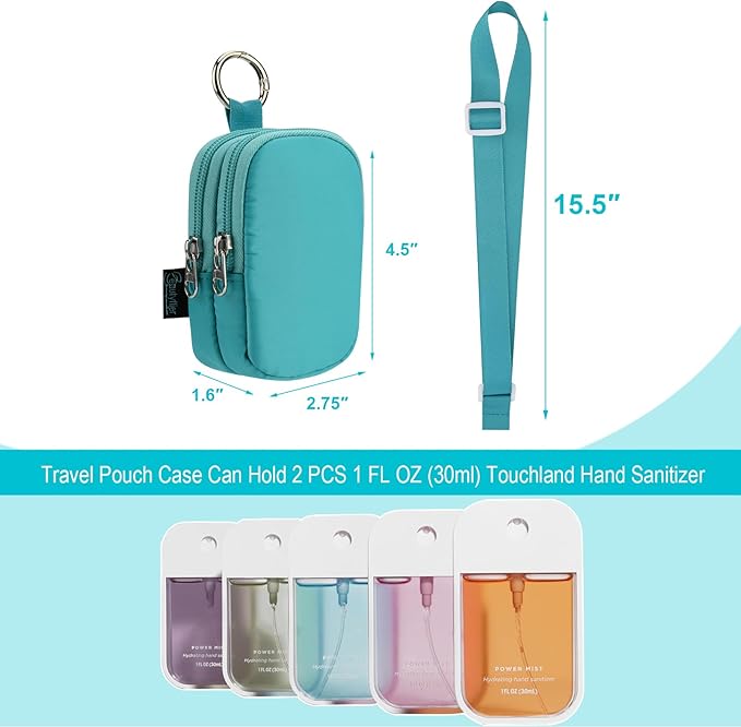 Beautyflier Double Pockets Hand Sanitizer Spray Case for Touchland Power Mist and Glow Mist 1FL OZ, Zipper Pouch for Hand Sanitizer Spray Bottle, with Extra Removable Neck Strap, Fits Travel (Blue)