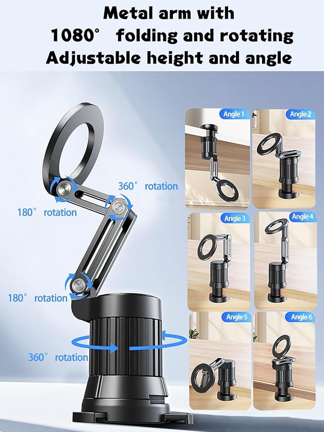 Airplane phone holder,Aluminum phone stand ,Travel Essentials Phone Holder for Magnetic,1080°Degree Rotation,Clamping device for free hands，vacuum magnetic phone stand,Accessories Compatible with All