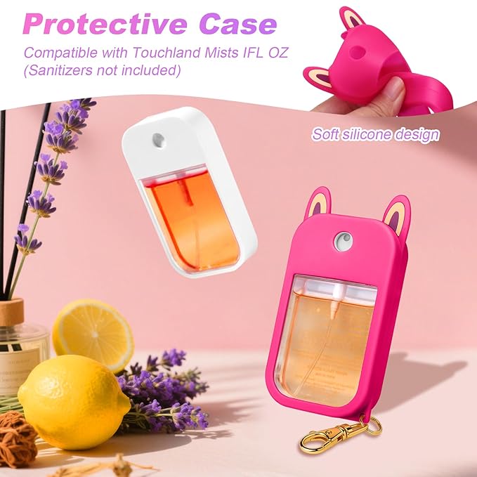 AIERSA Hand Sanitizer Spray Case Compatible with Touchland,Rabbit Ears Design Silicone Hand Sanitizer Case Holder with Keychain for Touch Land Mist Case 1FL. OZ (Hot Pink)