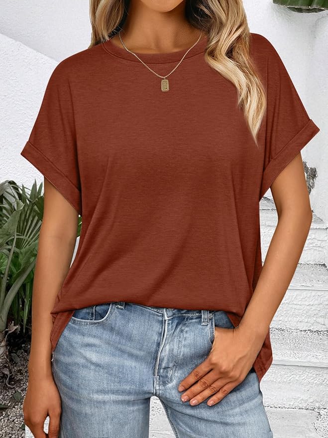 AUTOMET Women's Oversized Short Sleeve T Shirts Casual Drop Shoulder Rolled Cuff Summer Tops for Work, Travel and Lounge