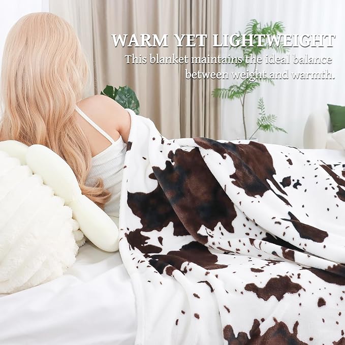 Twin Size Blankets for Bed - Large Soft Cow Print Blanket Twin Fleece Throws for Couch & Travel, Lightweight Warm Western Country Room Decor for All Seasons, 60"x80"
