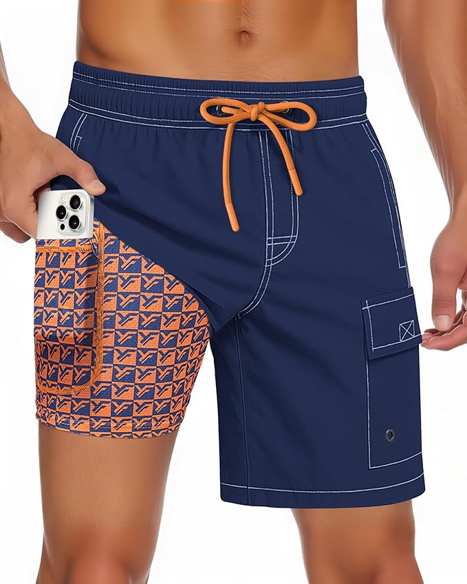 Men Swim Trunks with Compression Liner Quick Dry Breathable Multi Pockets for Summer Beach Cruise Water Park