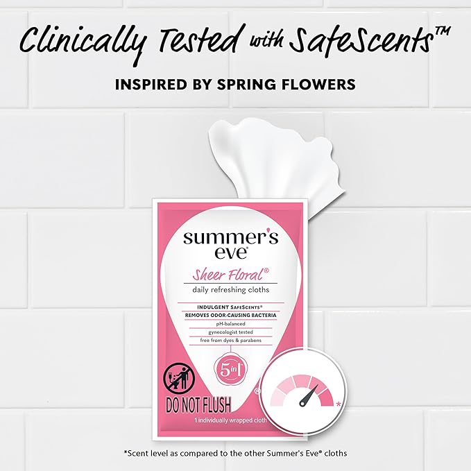 Summer's Eve Sheer Floral Feminine Wipes, Gentle pH-Balanced Formula Helps Control Vaginal Odor, Individually Wrapped Wipes, 12 Count