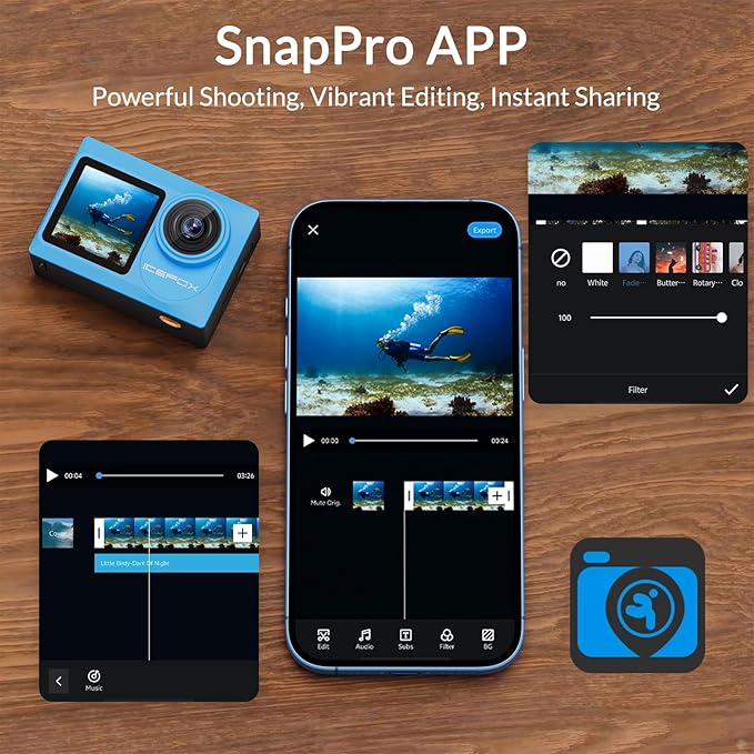 icefox i8 Action Camera with 20MP, 5X Zoom, Underwater Waterproof Camera with Optimized EIS, Video & Photo Editing by Snap Pro App, WiFi Remote Control for Diving, Cycling and Vlogging