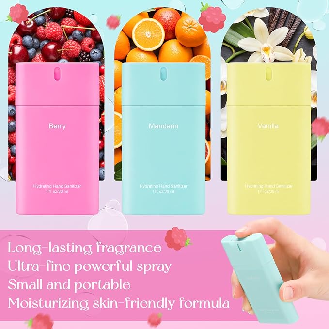 3 Pcs Power Mist Hydrating Hand Sanitizer Spray Bulk Travel Size Hand Sanitizer Pocket 0.67 oz Colorful Transparent Spray Bottle for Daily Use Mother's Day Coworker Teacher Appreciation Gifts