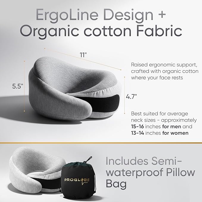 Proglobe Luxe Memory Foam Travel Neck Pillow for Airplanes, Ergonomic 360° Neck and Chin Support, Organic Cotton Cover, Compact Compression Bag, Light Gray