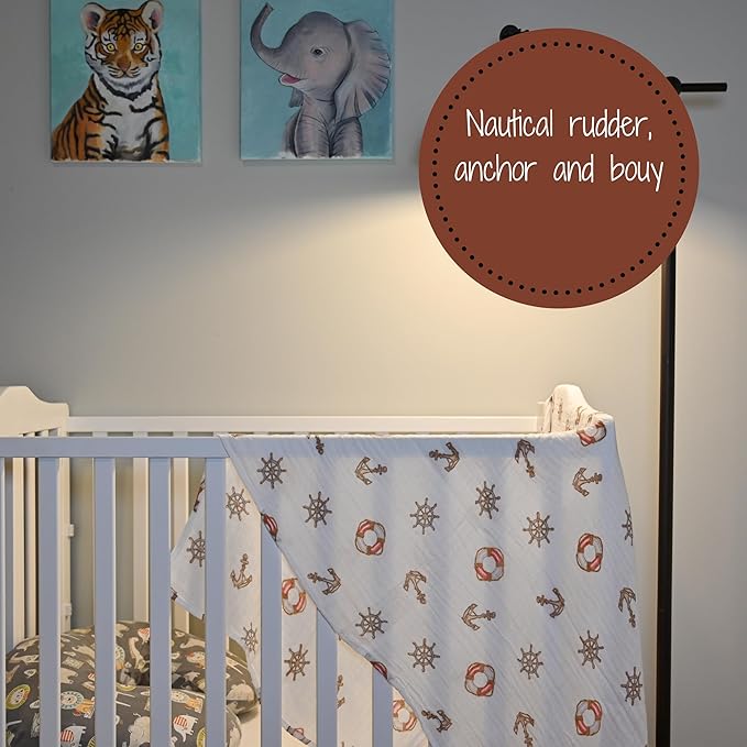 LollyBanks Muslin Swaddle Blanket, 100% Muslin Cotton Neutral Baby Blanket for Girls and Boys, 47 X 47 Inches Soft and Cozy Newborn Swaddle Lightweight, Baby Essential, Registry (Boat Anchor Print)