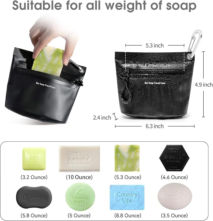 Travel Soap Container Bag with Waterproof Zipper and Carabiner Clip Waterproof and Leak Proof Soap Travel Case Travel Accessories (Black)