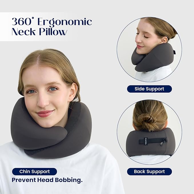 Dream Valley® Neck Travel Pillow, Memory Foam Travel Pillow for Airplane, Portable Roll-Up Neck Pillow with Cooling Inner Fabric, 360° Ergonomic Support, No Head Bobbing, Travel Bag Included