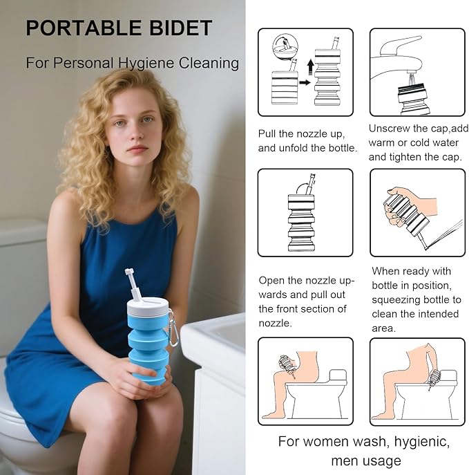 Collapsible Peri Bottle Small Portable Bidet Sprayer, 300ml Travel Size Expandable Camping Mini Bidet for Home, Outdoors, Handheld Foldable Hand Bathroom Bottle for Women Men Blue（1pc）