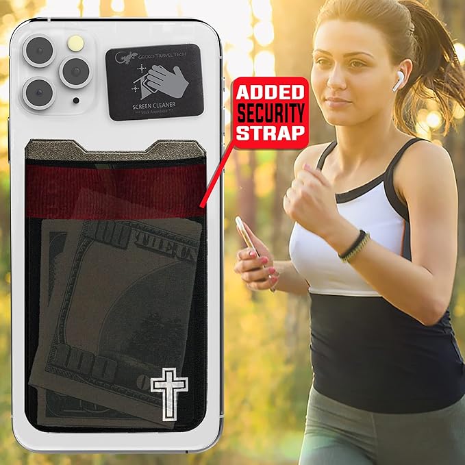 Phone Wallet - Adhesive Card Holder - Cell Phone Pouch - Stick on Lycra Pocket by Gecko - Carry Credit Cards and Cash