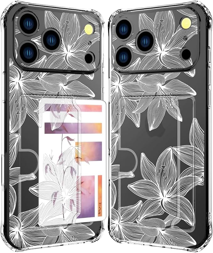 Compatible with iPhone 17 Pro Max Case Card Holder for Women Cute Design,Wallet Phone Cases Transparent Cool Kawaii Protective (Clear Flower White)