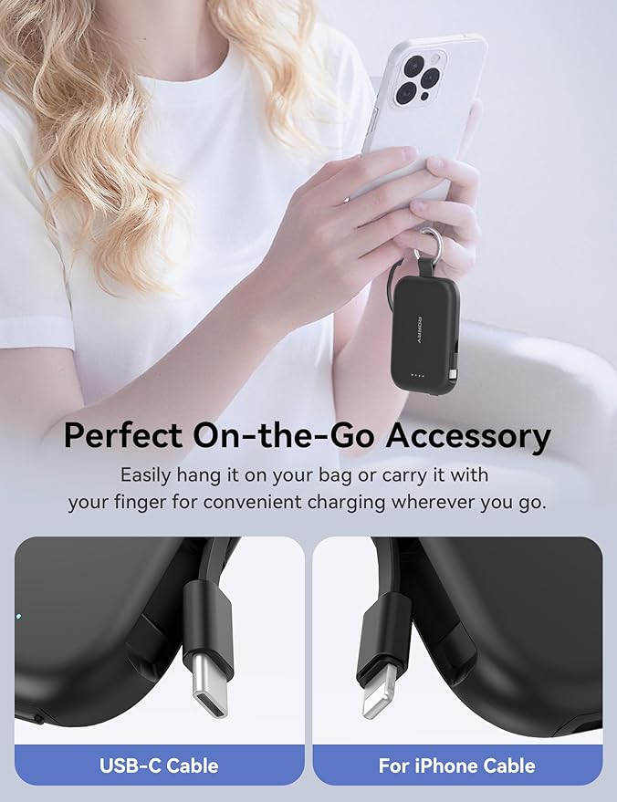 RORRY Portable Charger, 5000mAh Portable Charger Power Bank with Built-in Cables, Travel Keychain Charger Battery Pack for iPhone 17/16/15/14/13/12, for AirPods 2/3/4/Pro, Black