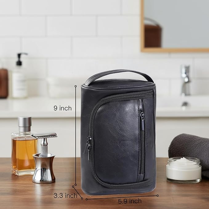 Mens Toiletry Bag, Compact Dopp Kit for Men Travel, PU Leather Shaving Kit, Water-Resistant Minimalist Organizer with Wrist Strap, Travel Toiletry Bag, Gift for Men,Small 9X5.9X3 Inch Black