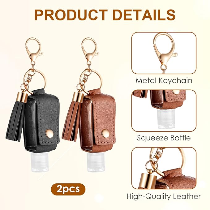 2Pcs Portable Leather Hand Sanitizer Holder, Travel Size Keychain Case Refillable Bottle for Toiletry Lotion Liquid Soap Shampoo (Black, Brown)