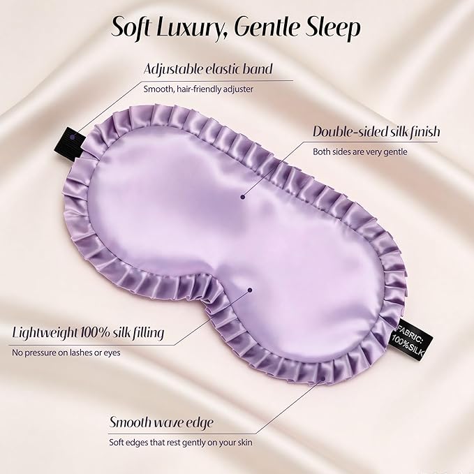 Silk Sleep Mask for Women: 100% Mulberry Silk Eye Mask, Black Back Sleeping Mask for Light Blocking, Soft Wavy Edge Eye Cover and Adjustable Strap, Travel & Sleep Gift (Purple)