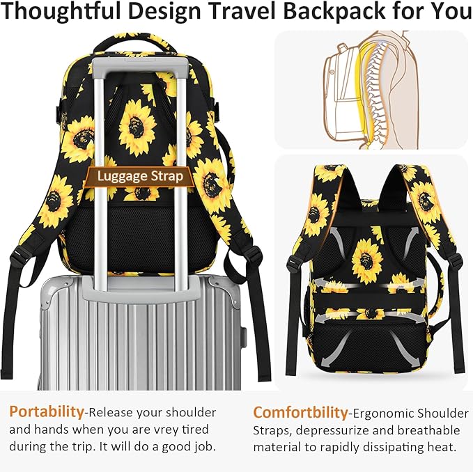 Tenot Carry on Backpack for Women TSA Approved 15.6 Inch Travel Laptop Backpack for Women Travel Essentials Foldable Womens Travel Backpack Suitcase Sunflower Floral