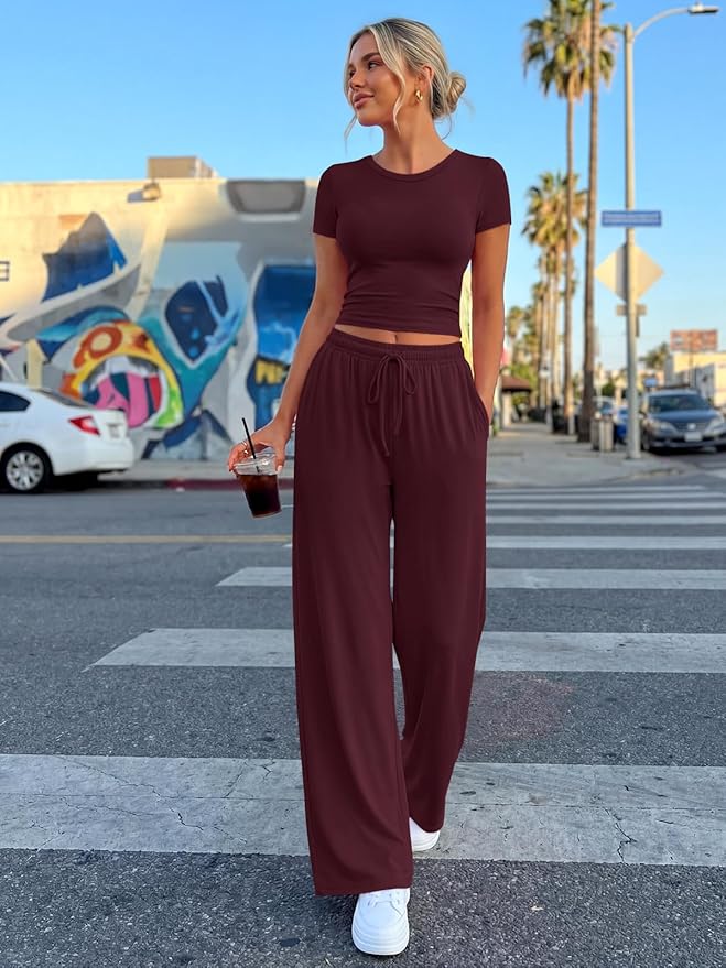 Trendy Queen 2 Piece Matching Summer Lounge Set Womens Side Ruching Top Wide Leg Pants Sets with Pockets