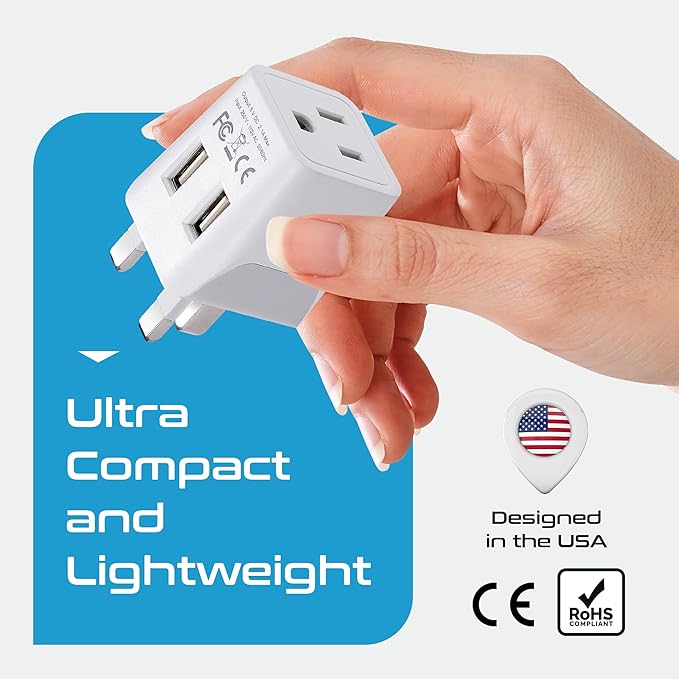 Ceptics Type G Travel Adapter - Canada to UK, Ireland & UAE Grounded Plug Adapter with Dual USB Ports for Electronic Devices (CTU-7)
