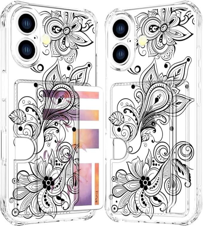 Compatible with iPhone 16 Plus Case Card Holder for Women Cute Design,Wallet Phone Cases Transparent Cool Kawaii Protective (Clear Black Henna Flower)