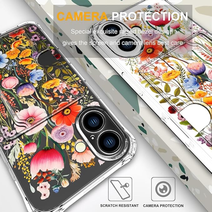 Compatible with iPhone 16 Case Card Holder for Women Cute Design,Wallet Phone Cases Transparent Cool Kawaii Protective (Clear Flowers Lily Girly Florals)
