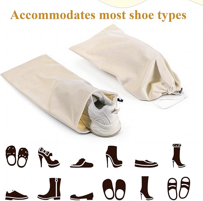 8 PCS Single Shoe Bags for Traveling, 9.1×17.7 Inch Travel Shoe Bags for Packing in Suitcase Velvet with Drawstring Shoes Storage Bag Dust-Proof for Women and Men, Travel and Home Storage-Beige