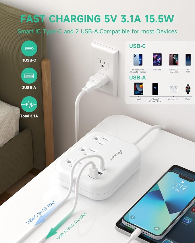 European Travel Plug Adapter, Alitayee EU/UK/US Travel Power Strip with 3 Outlets 3 USB Ports, International Universal Plug Adapter with 3ft Extension Cord to EU UK Italy Spain France Germany Cruise