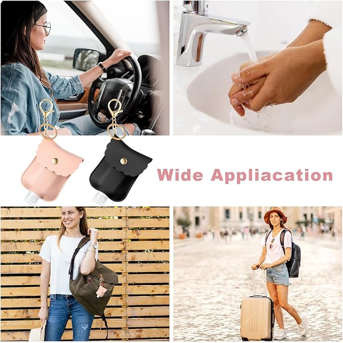 2Pcs Hand Sanitizer Holder Keychain, 60ml Portable Leather Sanitizer Travel Size Keychain Hand Sanitizer Case Refillable Container for Toiletry Lotion Liquid Soap Shampoo (Black, Pink)