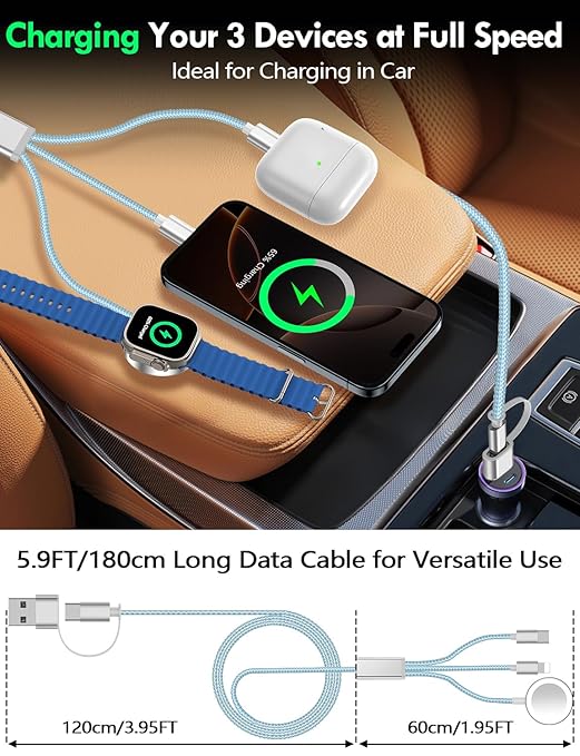 Travel Essentials for Apple Watch Charger,iPhone Charger,3 in 2 Multi Charging Cable,Type C/Lightning/Magnetic Fast Charging Cable [Portable] for iWatch Series Ultra/11/10/9/SE,iPhone 17-11-6FT Blue