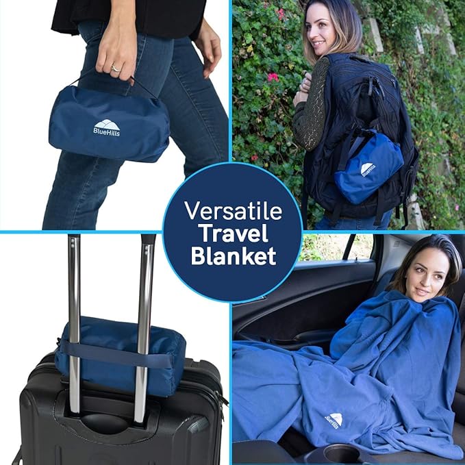 BlueHills 2 Pack Ultra Compact Travel Blanket Pillows Set of Two Lightweight Airplane Traveling Essentials Flight Throws Compact Large Plane – Navy Blue and Peacock Teal
