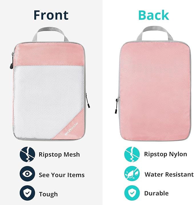 NICOSHOW Compression Packing Cubes 6 Set, Compressible Space-Saving Packing Cubes for Travel - Compression Bags, Luggage Organizer, Travel Essentials for Women, Pink