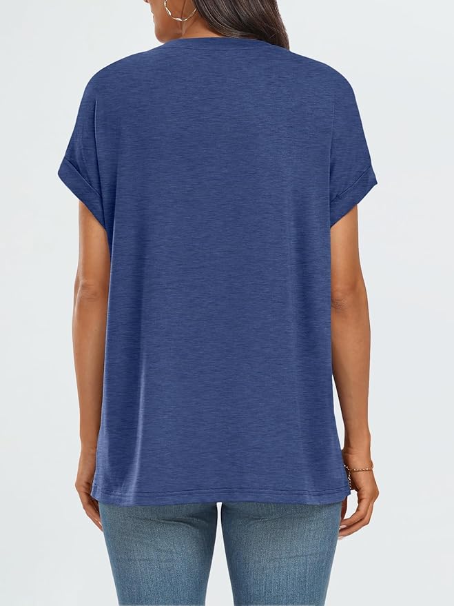 AUTOMET Women's Oversized Short Sleeve T Shirts Casual Drop Shoulder Rolled Cuff Summer Tops for Work, Travel and Lounge