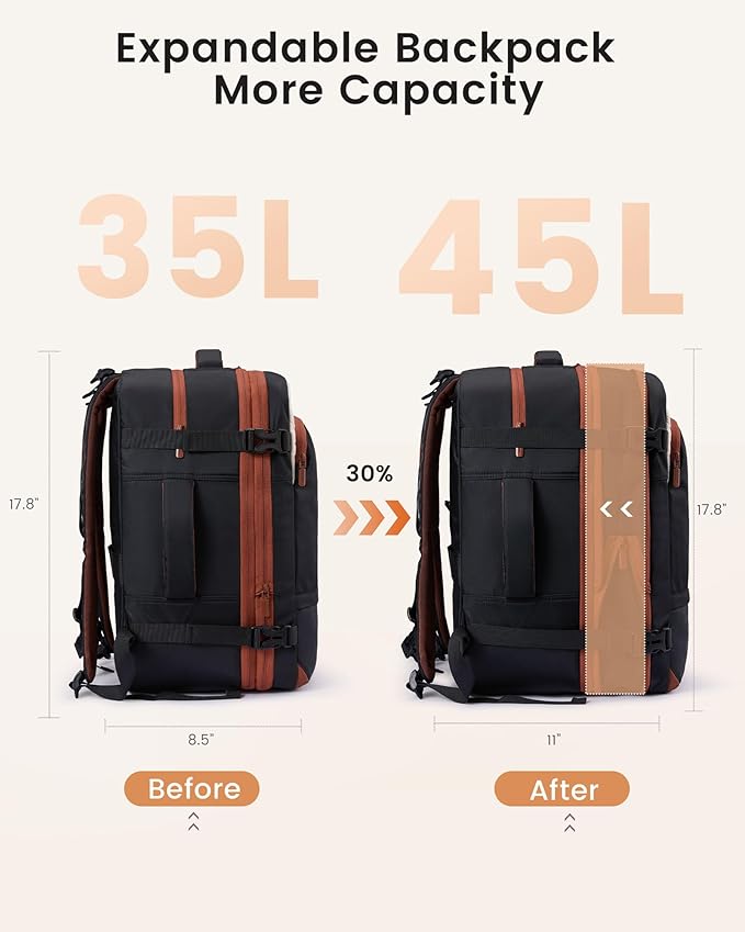 LOVEVOOK Travel Backpack for Women, 45L Expandable Large Carry On Backpack, Personal Item Travel Bag Flight Approved, Business Weekender Overnight Essentials Waterproof Back Pack, Fit 17 Inch Laptop