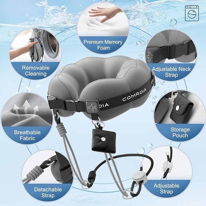 Travel Neck Pillow for Airplane Sleeping – 360° Head Support Prevents Bobbing, 100% Memory Foam Ergonomic Neck Cushion with No-Case-Needed Carry Strap for Long Flights & Car – Washable Cover (Grey)