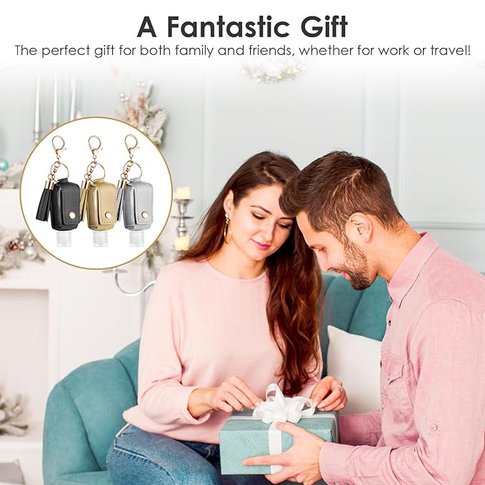 3Pcs Hand Sanitizer Keychain - 30ml Portable Leather Holder Travel Size Case With Refillable Bottle for Toiletry Lotion Liquid Soap Shampoo