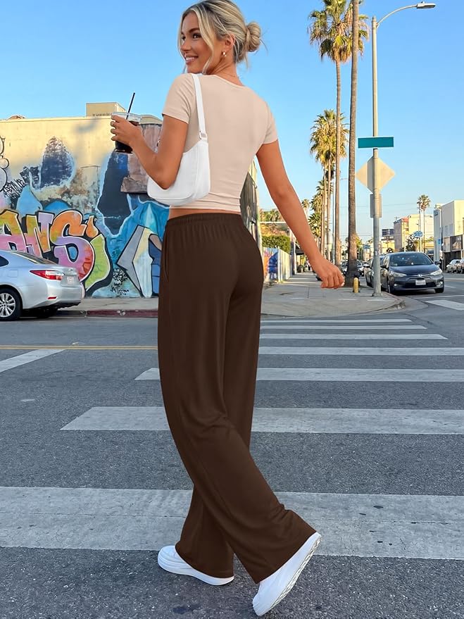 Trendy Queen 2 Piece Matching Summer Lounge Set Womens Side Ruching Top Wide Leg Pants Sets with Pockets