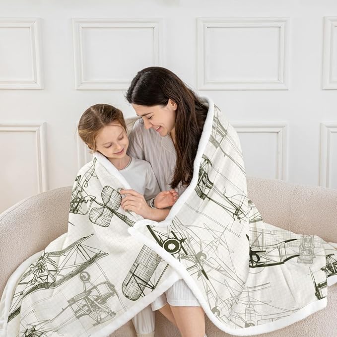Aircraft Kids Throw Blanket,American Airplane Retro Bed Blanket for Girls Boys Adults,Air Vehicles Airplane Fleece Blanket,Beige Black Vintage Fuzzy Blanket,Twin Size (60 x 80 Inches)
